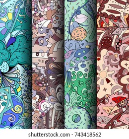 Set of tracery colorful seamless patterns. Vertical stripes. Curved doodling backgrounds for textile or printing with mehndi and ethnic motives. Vector