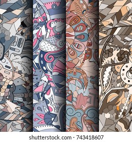 Set of tracery colorful seamless patterns. Vertical stripes. Curved doodling backgrounds for textile or printing with mehndi and ethnic motives. Vector