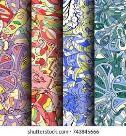 Set of tracery colorful seamless patterns. Vertical stripes. Curved doodling backgrounds for textile or printing with mehndi and ethnic motives. Vector