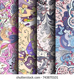 Set of tracery colorful seamless patterns. Vertical stripes. Curved doodling backgrounds for textile or printing with mehndi and ethnic motives. Vector