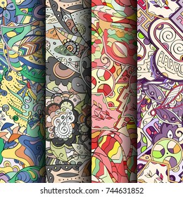 Set of tracery colorful seamless patterns. Vertical stripes. Curved doodling backgrounds for textile or printing with mehndi and ethnic motives. Vector