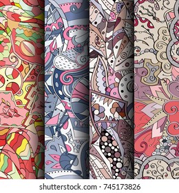 Set of tracery colorful seamless patterns. Vertical stripes. Curved doodling backgrounds for textile or printing with mehndi and ethnic motives. Vector