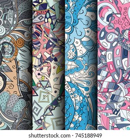 Set of tracery colorful seamless patterns. Vertical stripes. Curved doodling backgrounds for textile or printing with mehndi and ethnic motives. Vector
