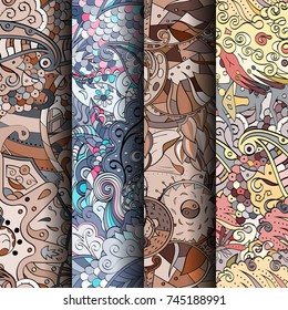 Set of tracery colorful seamless patterns. Vertical stripes. Curved doodling backgrounds for textile or printing with mehndi and ethnic motives. Vector