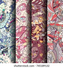 Set of tracery colorful seamless patterns. Vertical stripes. Curved doodling backgrounds for textile or printing with mehndi and ethnic motives. Vector