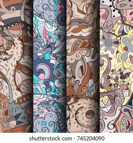 Set of tracery colorful seamless patterns. Vertical stripes. Curved doodling backgrounds for textile or printing with mehndi and ethnic motives. Vector
