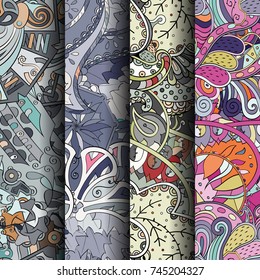 Set of tracery colorful seamless patterns. Vertical stripes. Curved doodling backgrounds for textile or printing with mehndi and ethnic motives. Vector