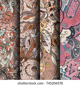 Set of tracery colorful seamless patterns. Vertical stripes. Curved doodling backgrounds for textile or printing with mehndi and ethnic motives. Vector
