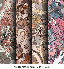 Set of tracery colorful seamless patterns. Vertical stripes. Curved doodling backgrounds for textile or printing with mehndi and ethnic motives. Vector