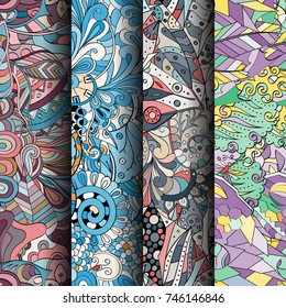 Set of tracery colorful seamless patterns. Vertical stripes. Curved doodling backgrounds for textile or printing with mehndi and ethnic motives. Vector