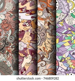 Set of tracery colorful seamless patterns. Vertical stripes. Curved doodling backgrounds for textile or printing with mehndi and ethnic motives. Vector