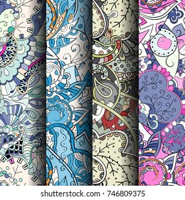 Set of tracery colorful seamless patterns. Vertical stripes. Curved doodling backgrounds for textile or printing with mehndi and ethnic motives. Vector