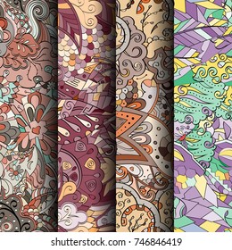 Set of tracery colorful seamless patterns. Vertical stripes. Curved doodling backgrounds for textile or printing with mehndi and ethnic motives. Vector