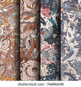 Set of tracery colorful seamless patterns. Vertical stripes. Curved doodling backgrounds for textile or printing with mehndi and ethnic motives. Vector