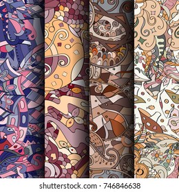 Set of tracery colorful seamless patterns. Vertical stripes. Curved doodling backgrounds for textile or printing with mehndi and ethnic motives. Vector