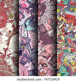 Set of tracery colorful seamless patterns. Vertical stripes. Curved doodling backgrounds for textile or printing with mehndi and ethnic motives. Vector