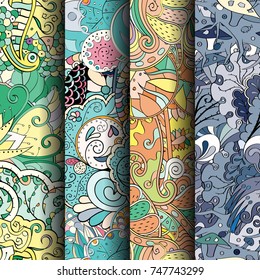Set of tracery colorful seamless patterns. Vertical stripes. Curved doodling backgrounds for textile or printing with mehndi and ethnic motives. Vector