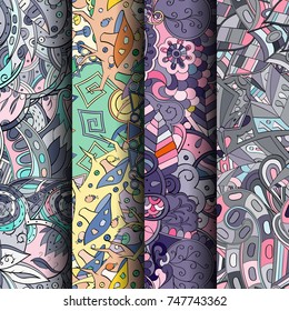 Set of tracery colorful seamless patterns. Vertical stripes. Curved doodling backgrounds for textile or printing with mehndi and ethnic motives. Vector