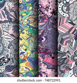 Set of tracery colorful seamless patterns. Vertical stripes. Curved doodling backgrounds for textile or printing with mehndi and ethnic motives. Vector
