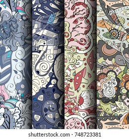 Set of tracery colorful seamless patterns. Vertical stripes. Curved doodling backgrounds for textile or printing with mehndi and ethnic motives. Vector