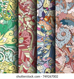 Set of tracery colorful seamless patterns. Vertical stripes. Curved doodling backgrounds for textile or printing with mehndi and ethnic motives. Vector