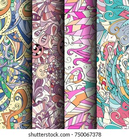 Set of tracery colorful seamless patterns. Vertical stripes. Curved doodling backgrounds for textile or printing with mehndi and ethnic motives. Vector