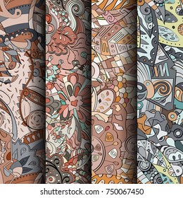 Set of tracery colorful seamless patterns. Vertical stripes. Curved doodling backgrounds for textile or printing with mehndi and ethnic motives. Vector