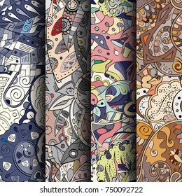Set of tracery colorful seamless patterns. Vertical stripes. Curved doodling backgrounds for textile or printing with mehndi and ethnic motives. Vector