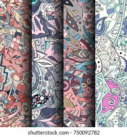 Set of tracery colorful seamless patterns. Vertical stripes. Curved doodling backgrounds for textile or printing with mehndi and ethnic motives. Vector