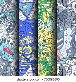 Set of tracery colorful seamless patterns. Vertical stripes. Curved doodling backgrounds for textile or printing with mehndi and ethnic motives. Vector