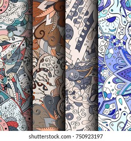 Set of tracery colorful seamless patterns. Vertical stripes. Curved doodling backgrounds for textile or printing with mehndi and ethnic motives. Vector
