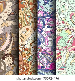 Set of tracery colorful seamless patterns. Vertical stripes. Curved doodling backgrounds for textile or printing with mehndi and ethnic motives. Vector