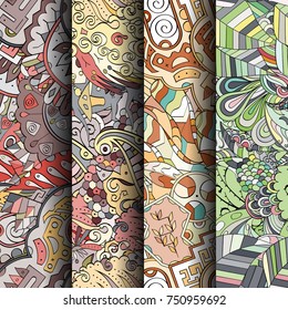 Set of tracery colorful seamless patterns. Vertical stripes. Curved doodling backgrounds for textile or printing with mehndi and ethnic motives. Vector