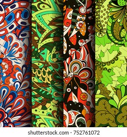 Set of tracery colorful seamless patterns. Vertical stripes. Curved doodling backgrounds for textile or printing with mehndi and ethnic motives. Vector