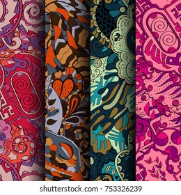 Set of tracery colorful seamless patterns. Vertical stripes. Curved doodling backgrounds for textile or printing with mehndi and ethnic motives. Vector