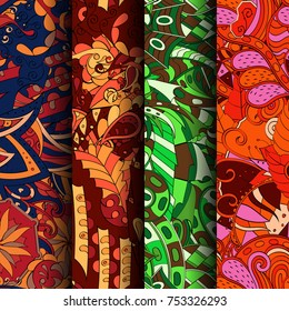 Set of tracery colorful seamless patterns. Vertical stripes. Curved doodling backgrounds for textile or printing with mehndi and ethnic motives. Vector