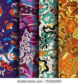 Set of tracery colorful seamless patterns. Vertical stripes. Curved doodling backgrounds for textile or printing with mehndi and ethnic motives. Vector
