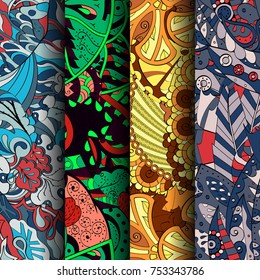 Set of tracery colorful seamless patterns. Vertical stripes. Curved doodling backgrounds for textile or printing with mehndi and ethnic motives. Vector