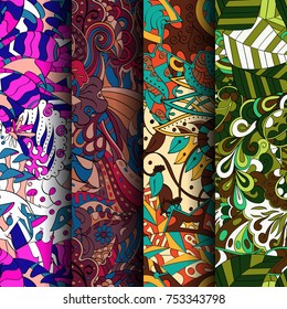 Set of tracery colorful seamless patterns. Vertical stripes. Curved doodling backgrounds for textile or printing with mehndi and ethnic motives. Vector