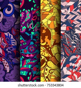Set of tracery colorful seamless patterns. Vertical stripes. Curved doodling backgrounds for textile or printing with mehndi and ethnic motives. Vector