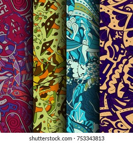 Set of tracery colorful seamless patterns. Vertical stripes. Curved doodling backgrounds for textile or printing with mehndi and ethnic motives. Vector