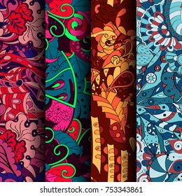 Set of tracery colorful seamless patterns. Vertical stripes. Curved doodling backgrounds for textile or printing with mehndi and ethnic motives. Vector