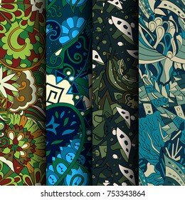 Set of tracery colorful seamless patterns. Vertical stripes. Curved doodling backgrounds for textile or printing with mehndi and ethnic motives. Vector