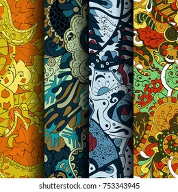 Set of tracery colorful seamless patterns. Vertical stripes. Curved doodling backgrounds for textile or printing with mehndi and ethnic motives. Vector
