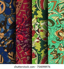 Set of tracery colorful seamless patterns. Vertical stripes. Curved doodling backgrounds for textile or printing with mehndi and ethnic motives. Vector