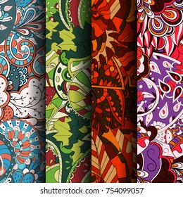 Set of tracery colorful seamless patterns. Vertical stripes. Curved doodling backgrounds for textile or printing with mehndi and ethnic motives. Vector