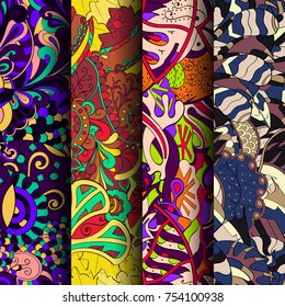 Set of tracery colorful seamless patterns. Vertical stripes. Curved doodling backgrounds for textile or printing with mehndi and ethnic motives. Vector