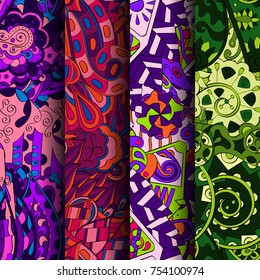 Set of tracery colorful seamless patterns. Vertical stripes. Curved doodling backgrounds for textile or printing with mehndi and ethnic motives. Vector