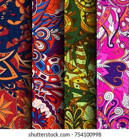 Set of tracery colorful seamless patterns. Vertical stripes. Curved doodling backgrounds for textile or printing with mehndi and ethnic motives. Vector