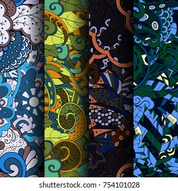 Set of tracery colorful seamless patterns. Vertical stripes. Curved doodling backgrounds for textile or printing with mehndi and ethnic motives. Vector